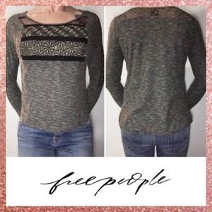 Free People New Romantics Black Beige Striped Lace Trim Long Sleeved Shirt XS